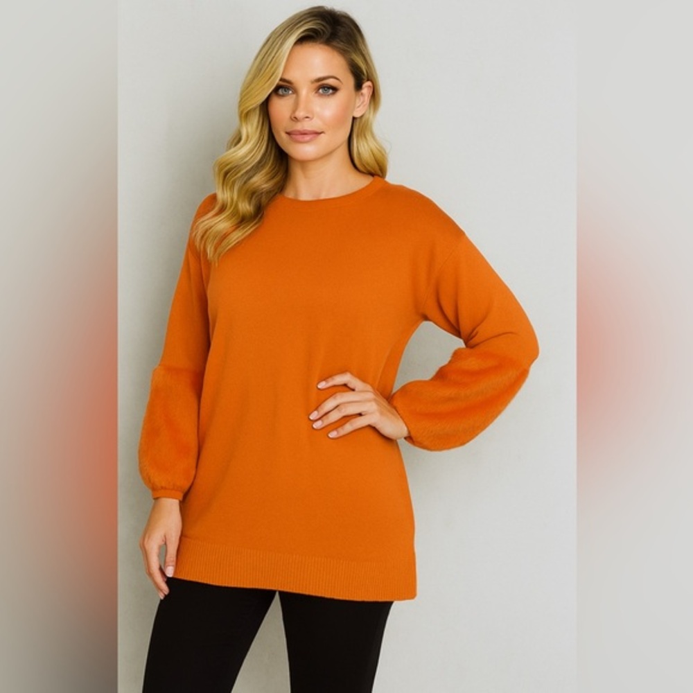 Anthropologie Orange Women's Sweater Size L NWT Faux Fur Cuff Boat Neck Pullover